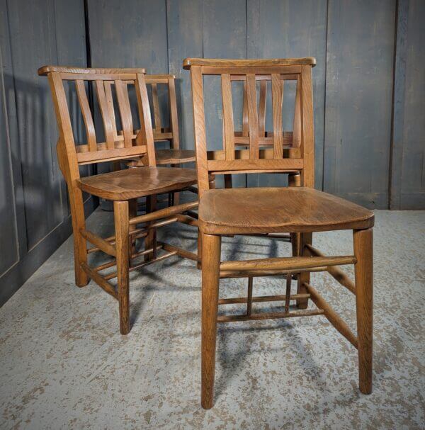 Set of 4 Very Clean Mid to Pale Elm & Beech Slatback Church Chapel Chairs from Priory Church Dunstable