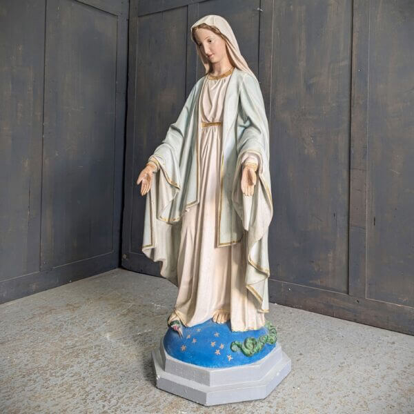 Large Rochdale Convent Vintage Religious Statue of Our Lady The Immaculate Conception Pale Blue on Globe of Stars