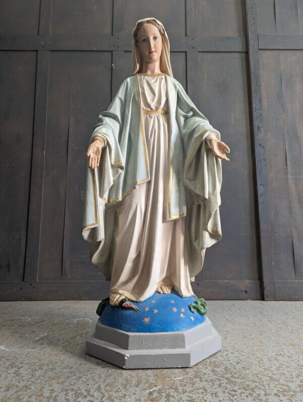 Large Rochdale Convent Vintage Religious Statue of Our Lady The Immaculate Conception Pale Blue on Globe of Stars