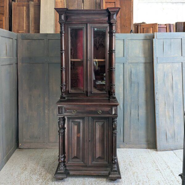 Late 19th Century Oak & Teak Rosewood Coloured Flemish Narrow Cabinet Bookcase with Columns