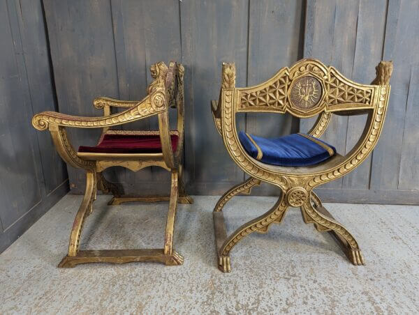 Flamboyant Matching Savonarola Type Carved Hardwood Gold Painted Clergy Chairs