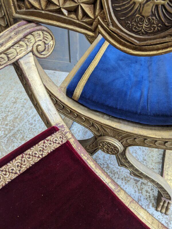 Flamboyant Matching Savonarola Type Carved Hardwood Gold Painted Clergy Chairs