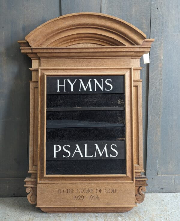 Very Large Mid-Century English Oak Classical Styled Hymn & Psalm Board