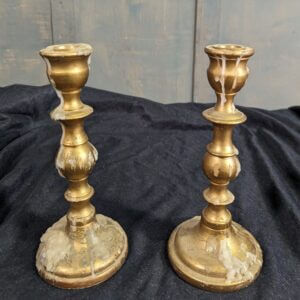 Small Pair of Brass Lined Resin Gold Candlesticks from St James Ealing with Candlewax