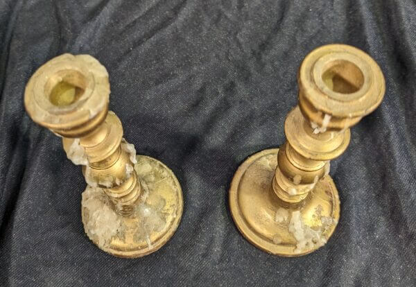 Small Pair of Brass Lined Resin Gold Candlesticks from St James Ealing with Candlewax