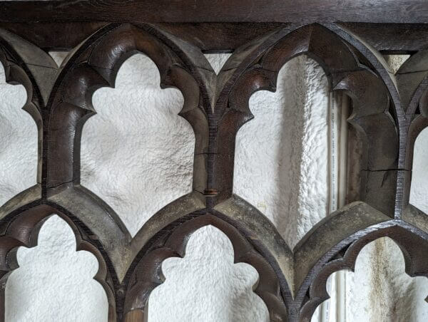 Tall Victorian Gothic Arched Oak Panel with Open Top Section