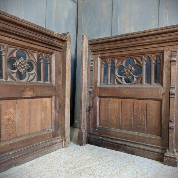 Crypt Find Two Matching Mid Victorian Ornate Gothic Oak Pew Fronts Panels Panelling from St Faith's Gaywood