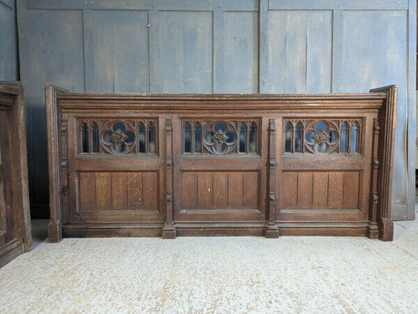 Crypt Find Two Matching Mid Victorian Ornate Gothic Oak Pew Fronts Panels Panelling from St Faith's Gaywood