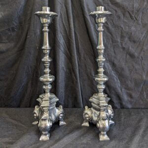 Large/Medium Heavy Pair of Baroque-Style Nickel Plated Brass Altar Candlesticks