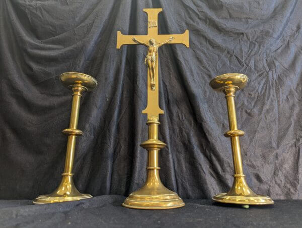 Quality Antique 1900's Altar Set of Large Brass Crucifix & Two Candlesticks