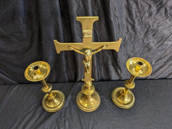 Quality Antique 1900's Altar Set of Large Brass Crucifix & Two Candlesticks