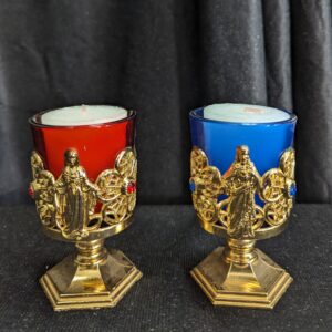 Pair Of Table Mounted Sanctuary Lamps With Faux Gems And Holy Figures