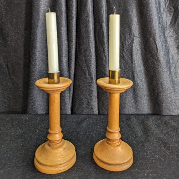 Small Travelling Communion Oak & Brass Candlesticks