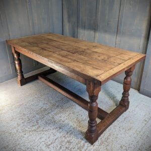 Very Attractive Classic Thick Oak Plank Refectory Table with Owl Carved in One Leg