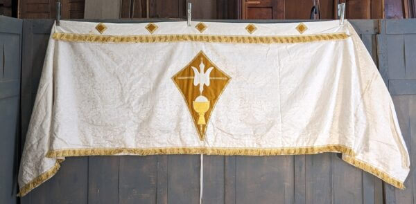 Unusual Welsh Made Wrap-Around White & Gold Yellow Silk Damask Altar Frontal with Dove & Chalice