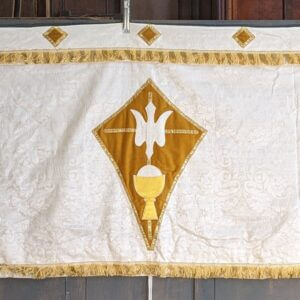 Unusual Welsh Made Wrap-Around White & Gold Yellow Silk Damask Altar Frontal with Dove & Chalice