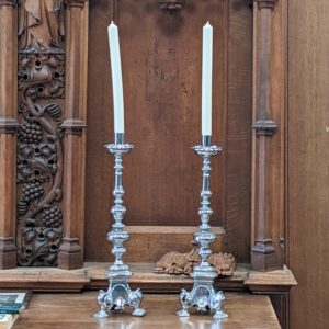 Large Heavy Pair of Baroque-Style Nickel Plated Brass Altar Candlesticks