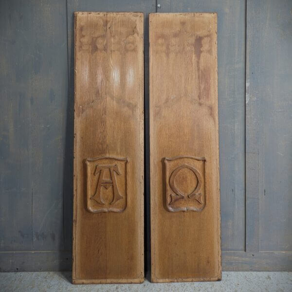 Pair of Antique Oak Alpha & Omega Panels from a Reredos