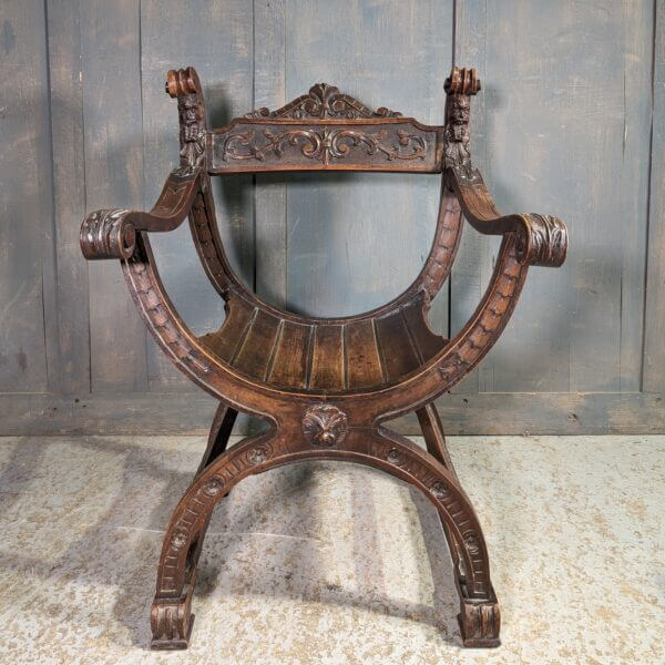 Antique Italian Carved Savonarola Elm Clergy Chair
