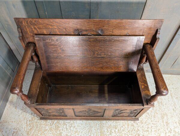 Medium Dark Vintage Oak Monks Bench in early Gothic Style