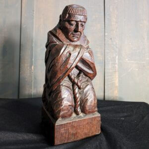Sensitive yet Brutalist 1950's Carved Oak Statue of a Praying Monk