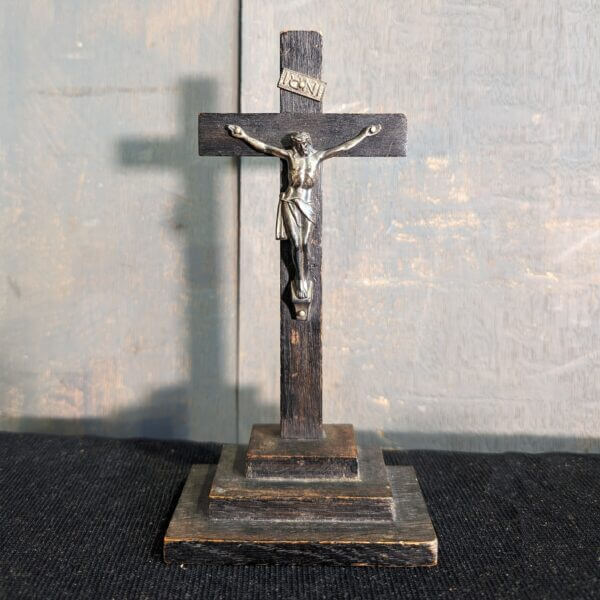 Small Oak & Metal Table Crucifix Ex Property of a Priest