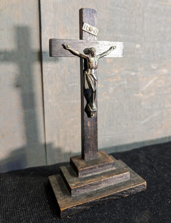 Small Oak & Metal Table Crucifix Ex Property of a Priest