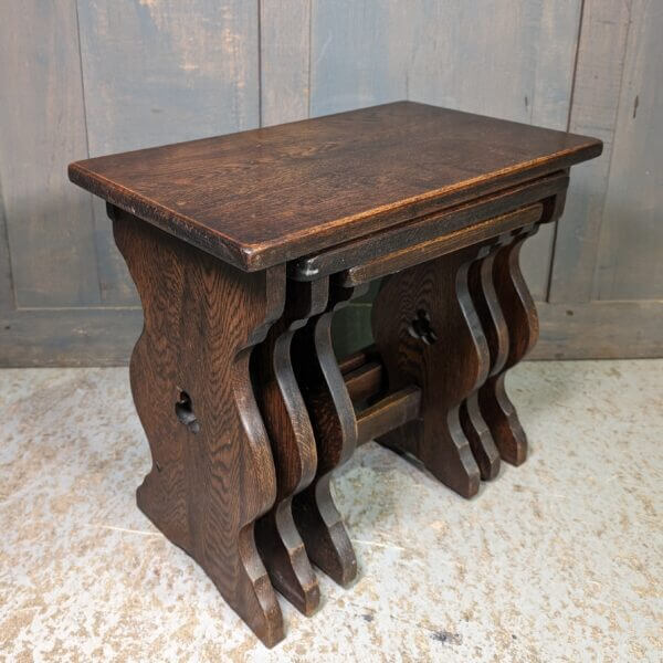 Nest of Three Oak Vintage Tables with Trefoil Cutaways