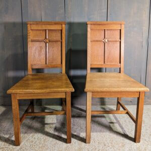 Pair of Mid Century Oak Clergy Minister Chairs in Good Condition with Cross Motif
