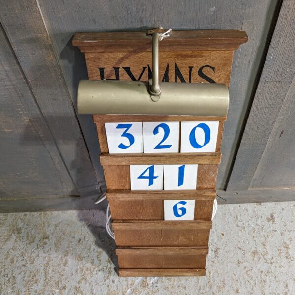 Mid Century 5 Hymn Oak Hymn Board with Numbers & Light from Church of the Good Shepherd Bristol