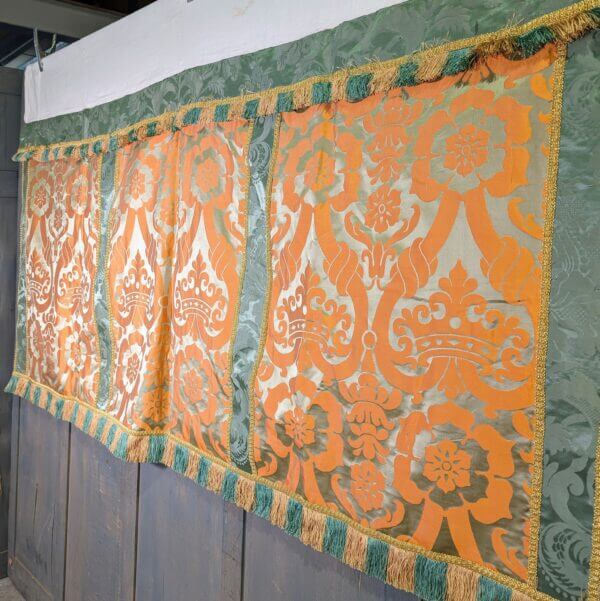 Opulent & Striking Vintage Large Altar Cloth in Bold Orange Gold & Green Damask Silk
