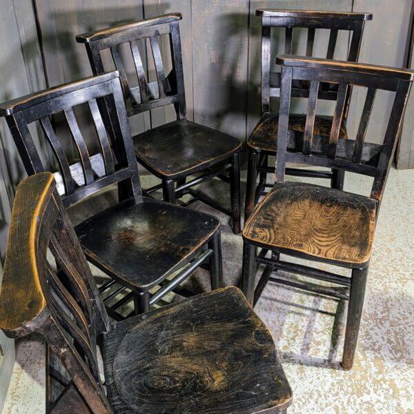 St Alban's Portsmouth Antique Set of 5 Dark Patina Slat Back Church Chapel Chairs 'The Wonky Ones'