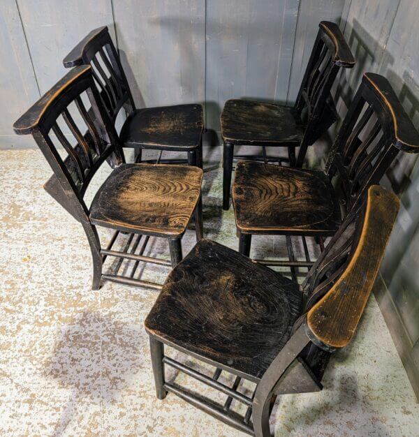 St Alban's Portsmouth Antique Set of 5 Dark Patina Slat Back Church Chapel Chairs 'The Wonky Ones'