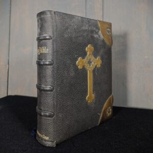 1870's Church Lectern Leather & Brass Bound Holy Bible by George Eyre with Cross