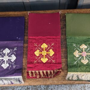 Beautifully Embroidered Vintage Set of Three Green Red & Purple Church Lectern Falls