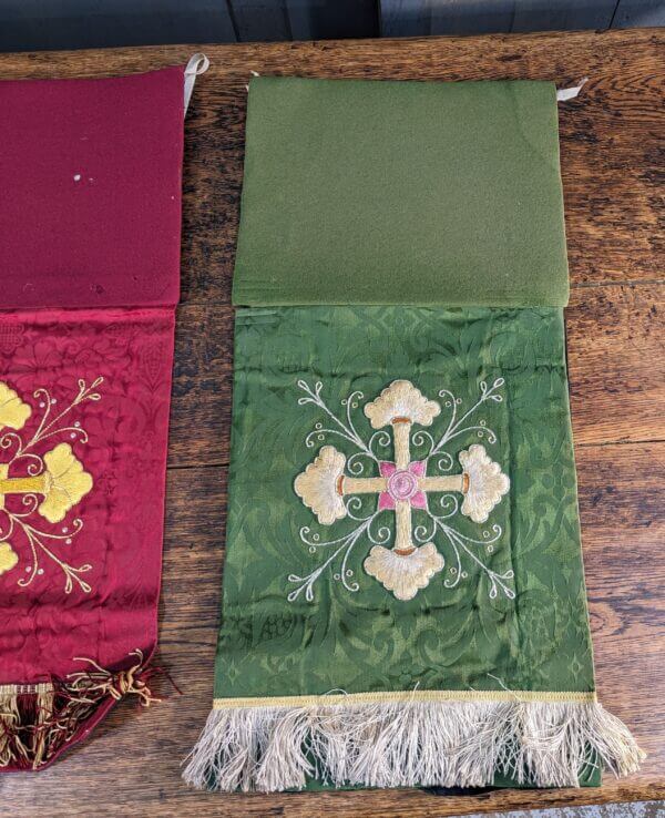 Beautifully Embroidered Vintage Set of Three Green Red & Purple Church Lectern Falls