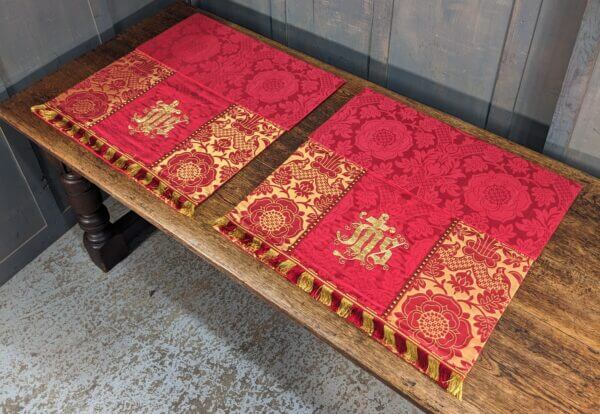 Pair of High Quality Vintage Red Damask & Bullion 'IHS' Lectern Falls from St Mary's Northop Hall