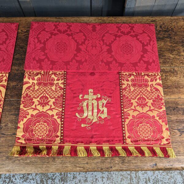 Pair of High Quality Vintage Red Damask & Bullion 'IHS' Lectern Falls from St Mary's Northop Hall
