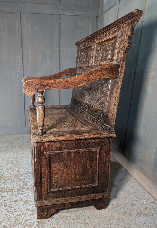 Smaller Size 17th Century Style Carved Oak Monks Bench Circa 1900