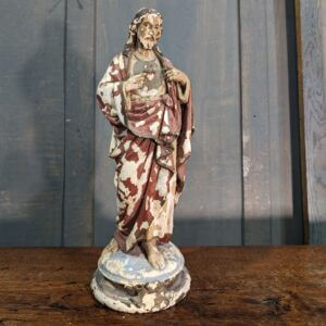 Antique French Religious Figure Christ the Sacred Heart with Serious Time Worn Decorative Appeal