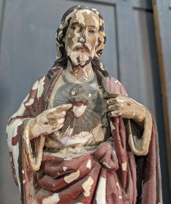Antique French Religious Figure Christ the Sacred Heart with Serious Time Worn Decorative Appeal
