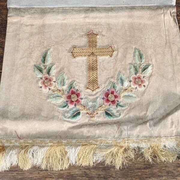 Charming Antique Embroidered Cream Damask Lectern Fall with Crosses and Roses