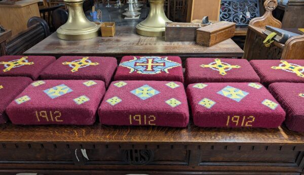 Set of 10 Vintage Hand Embroidered Hassocks Cushions Kneelers with Crosses