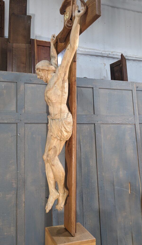 Imposing Flemish Convent Antique Carved Linden Wood Corpus Christi Mounted on a More Recent Oak Cross