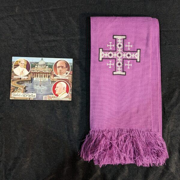 Embroidered Purple Linen Stole with Jerusalem Crosses