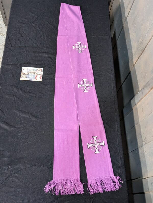 Embroidered Purple Linen Stole with Jerusalem Crosses