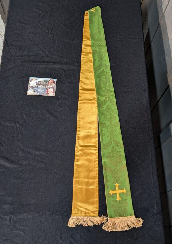 Embroidered Green Damask & Satin Stole with Fleury Cross