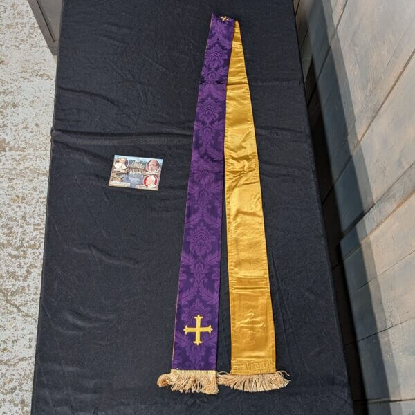 Purple & Gold Damask Stole with Fleury Cross & Yellow Silk Lining