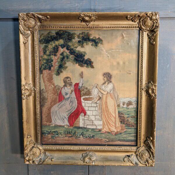 Vibrant Coloured Antique Painted Silk and Embroidered Religious Woolwork of Jesus and Rebecca At The Well