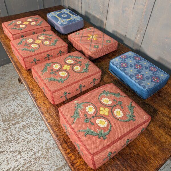 Seven Assorted Embroidered Hassocks Cushions Kneelers in Blue & Red